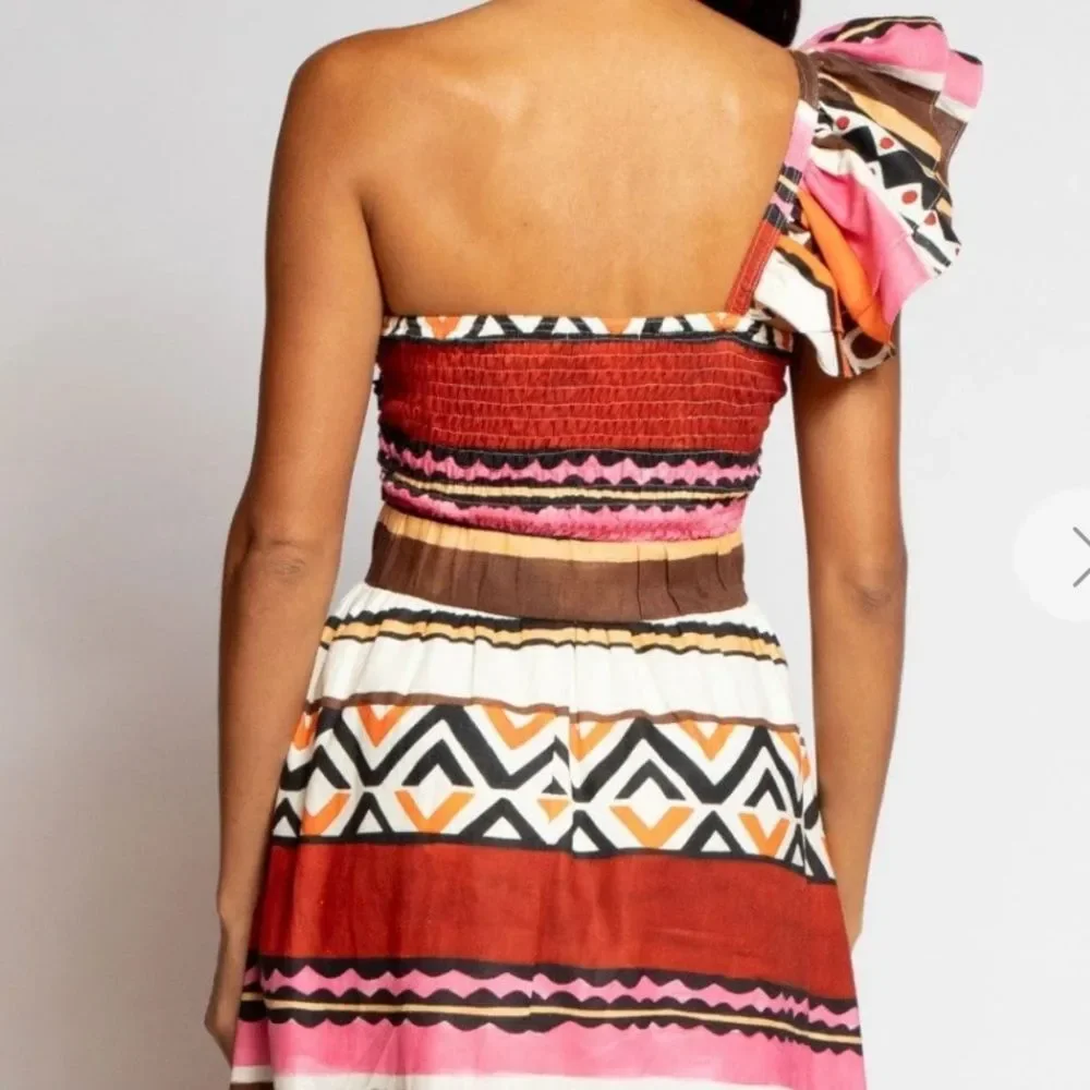 Eva Franco Dress One Shoulder Pleated Tulum Stripe Linen Tribal Ethnic 4 NWT